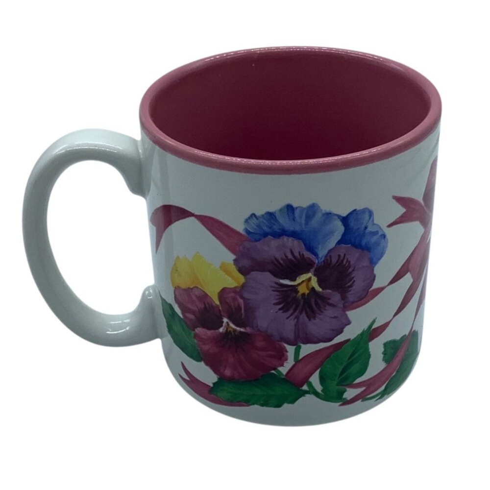 Vtg 1992 Jane‎ Bowen Artist Pansy Flowers Floral Ribbons Ceramic Mug Cup Korea